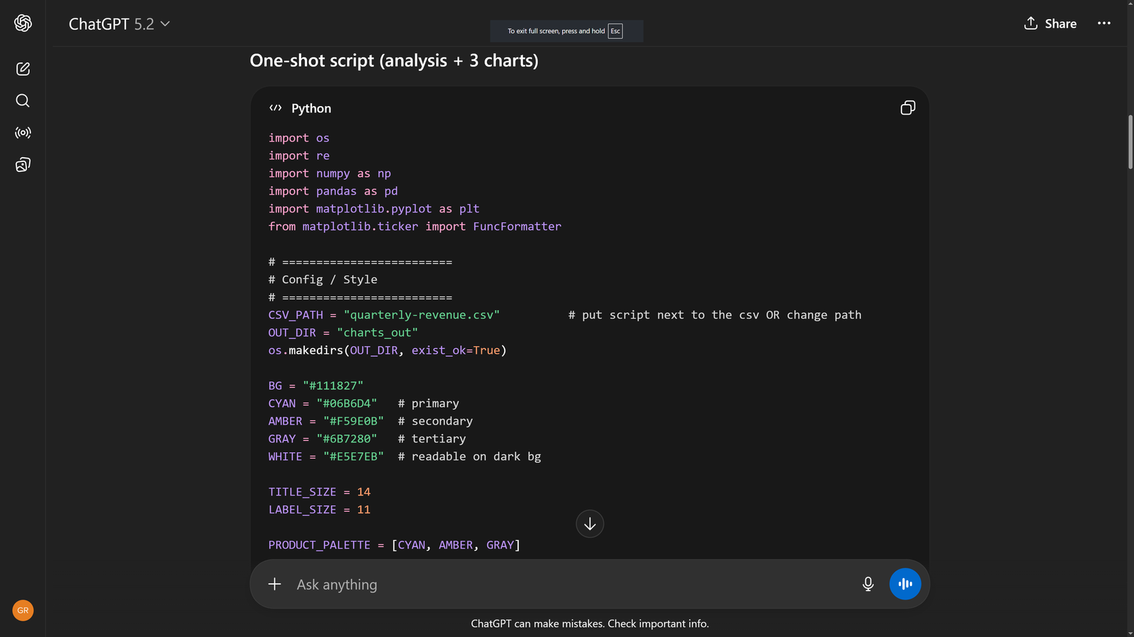 ChatGPT generating a Python matplotlib script with imports, configuration, and chart code